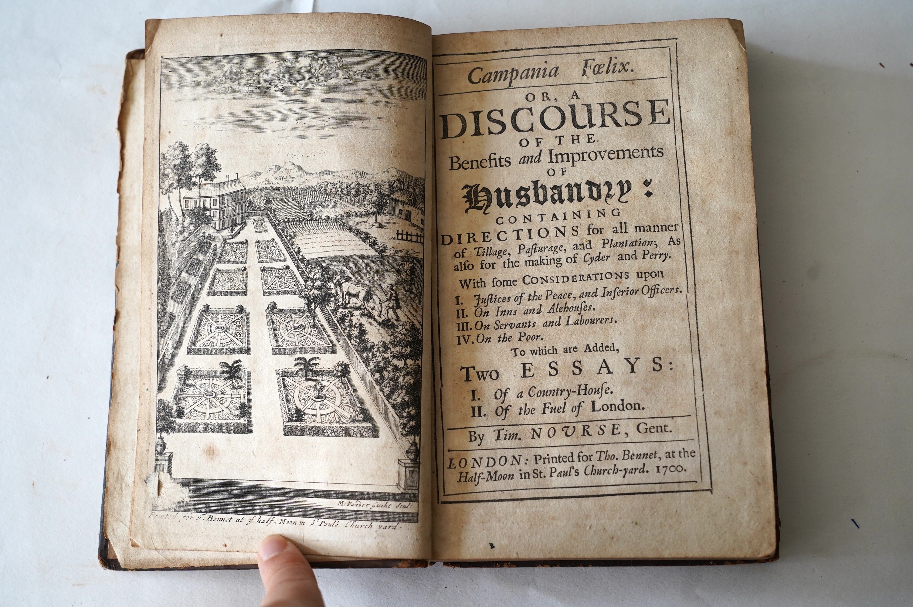 Nourse, Timothy - Campania Foelix. Or, a Discourse of the Benefits and Improvements of Husbandry....frontis.; contemp. panelled calf including gilt decorated spine with maroon label. printed for Tho. Bennet, 1700